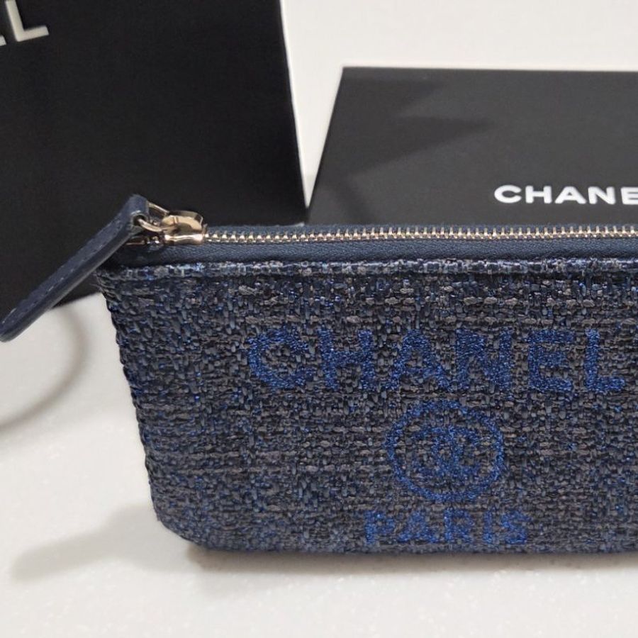 CHANEL香奈兒牛仔丹寧金蔥LOGO一字拉鍊零錢包/ 卡包-3