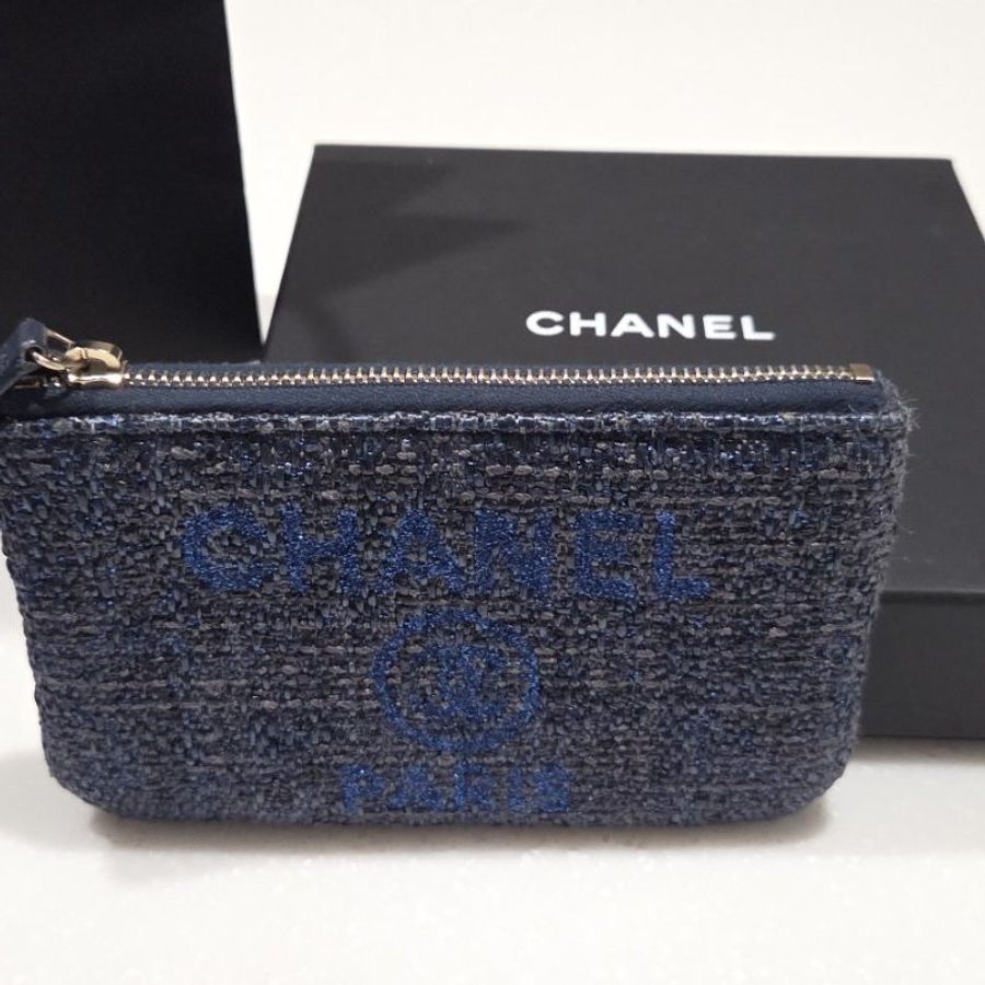 CHANEL香奈兒牛仔丹寧金蔥LOGO一字拉鍊零錢包/ 卡包-4