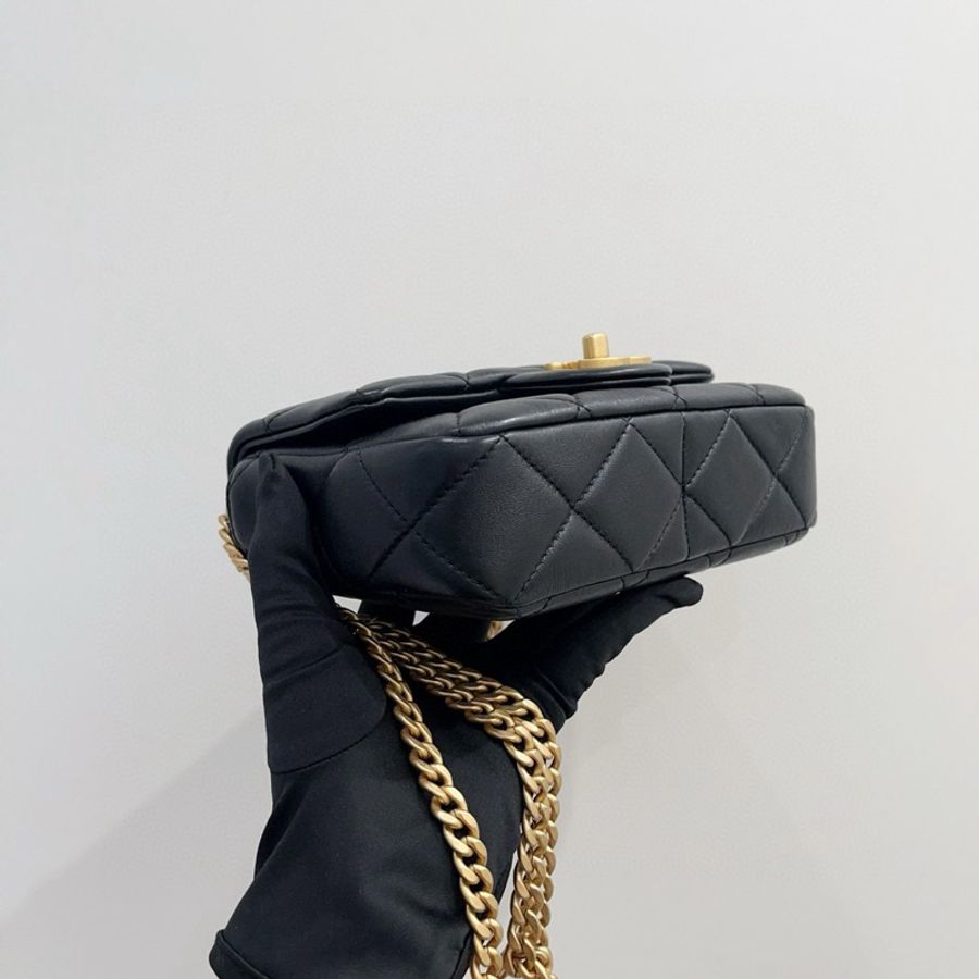 99新 Chanel香奈兒 黑金琺瑯扣羊皮方胖子鏈條包 芯片款 尺寸:18.5*5*14cm-3