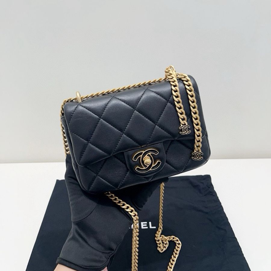 99新 Chanel香奈兒 黑金琺瑯扣羊皮方胖子鏈條包 芯片款 尺寸:18.5*5*14cm-6