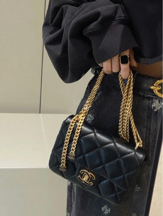 99新 Chanel香奈兒 黑金琺瑯扣羊皮方胖子鏈條包 芯片款 尺寸:18.5*5*14cm-8
