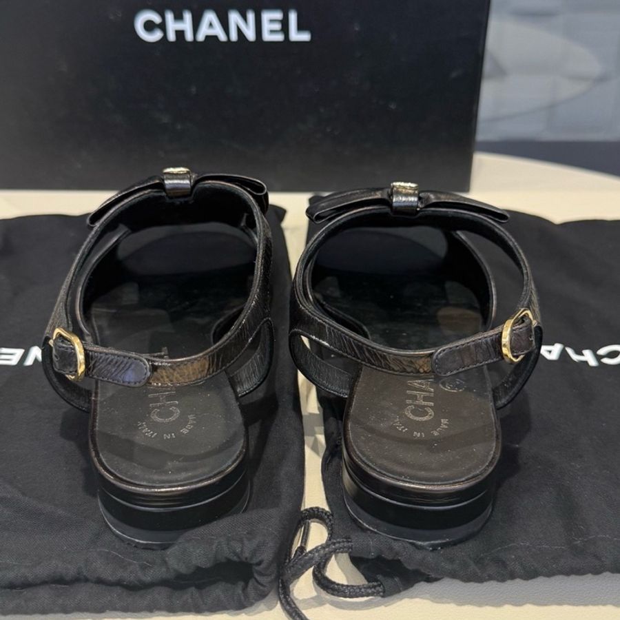 Chanel/香奈兒 黑色珍珠蝴蝶結涼鞋 37C碼 (已貼底)-3