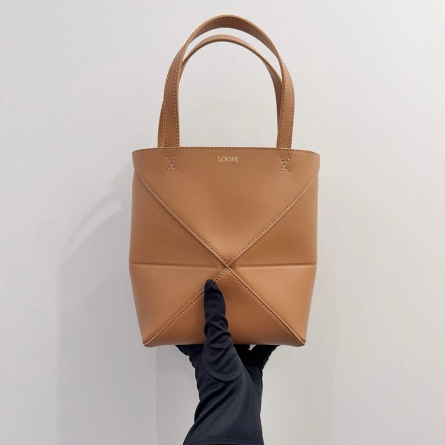 全新未使用 Loewe羅意威 Puzzle Fold焦糖色/棕色亮面牛皮革Mini迷你幾何折疊Tote托特購物袋-1