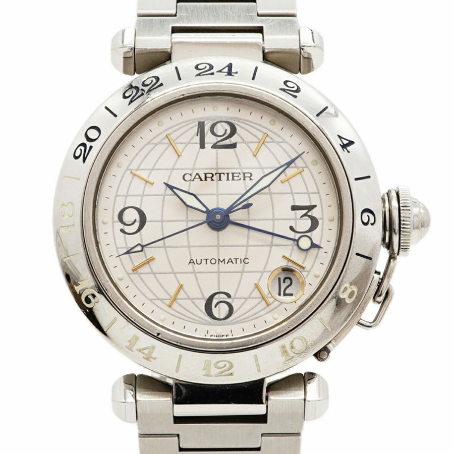 卡地亞 Pasha C Meridian GMT W31029M7 銀色錶盤男士腕錶-0