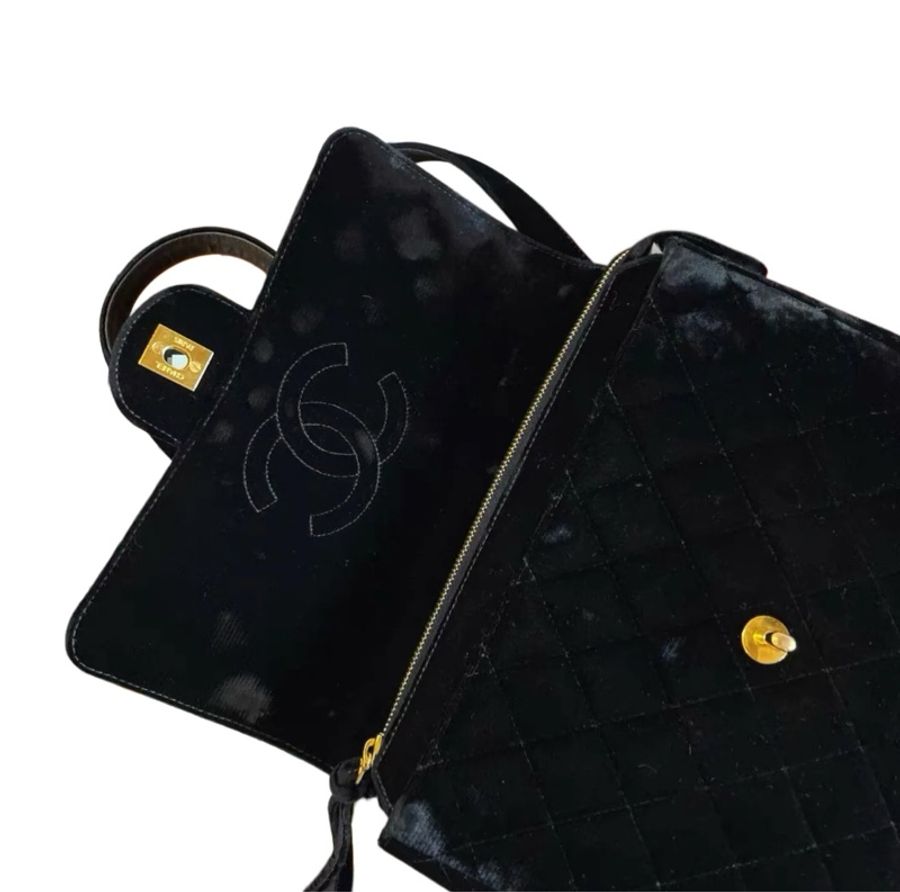 Chanel 貝嫂雙c扣黑金絲絨方胖子雙肩包-12