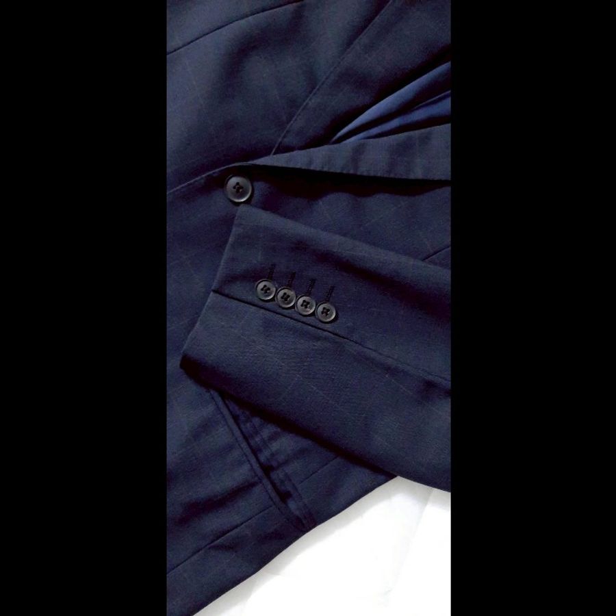 (日本製MIJ)BURBERRY 博柏利 LONDON 男深藍格紋純羊毛後開衩西裝外套A5-6