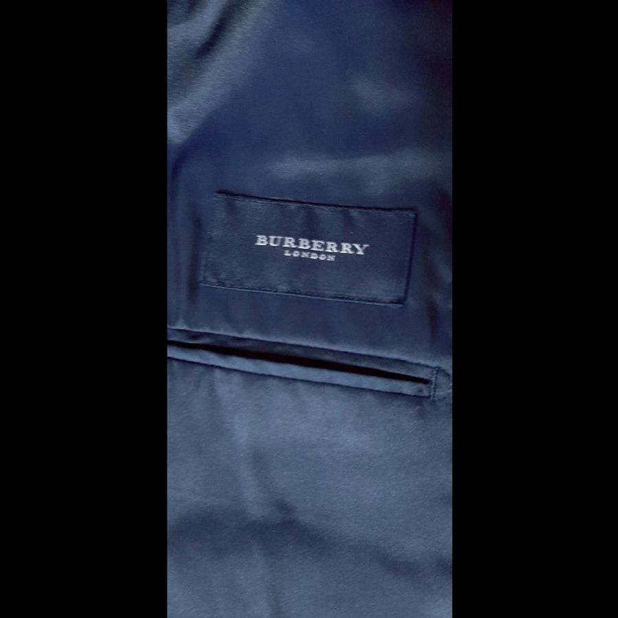 (日本製MIJ)BURBERRY 博柏利 LONDON 男深藍格紋純羊毛後開衩西裝外套A5-7