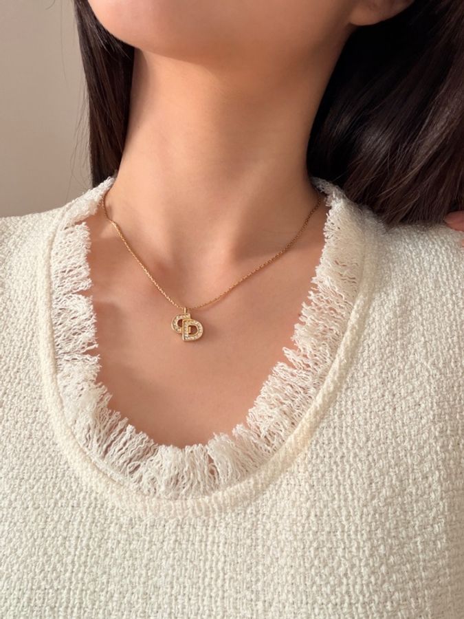 Christian Dior 迪奧 中古經典水鑽 CD Logo 鍍金項鏈-0