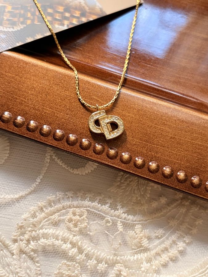 Christian Dior 迪奧 中古經典水鑽 CD Logo 鍍金項鏈-3