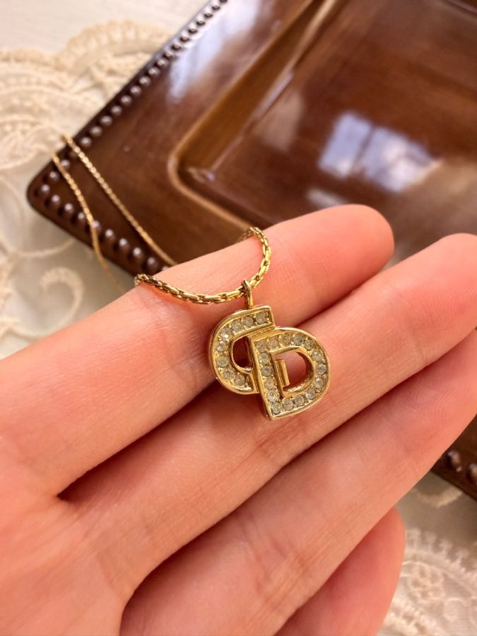 Christian Dior 迪奧 中古經典水鑽 CD Logo 鍍金項鏈-6