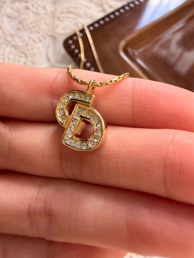 Christian Dior 迪奧 中古經典水鑽 CD Logo 鍍金項鏈-7