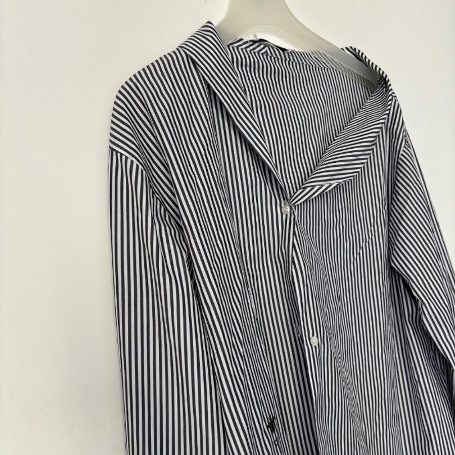 42號 ::DIOR:: Striped cotton shirt in black and white 黑白直紋法式慵懶襯衫 休閒襯衫 男友風-9