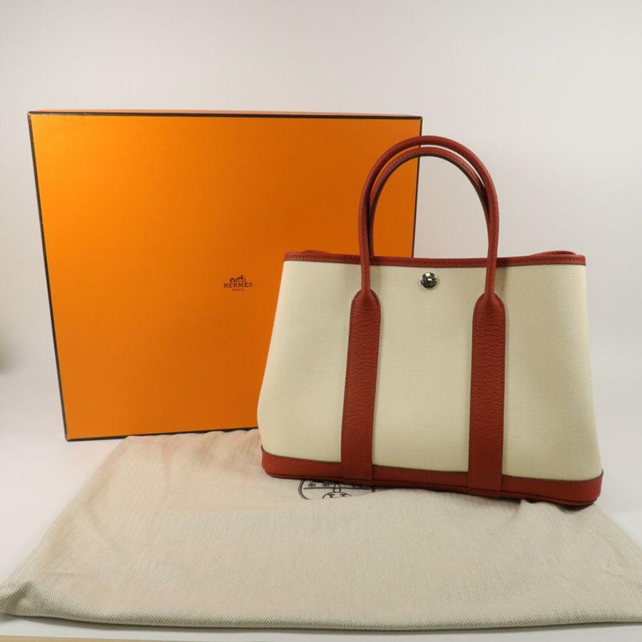 HERMES ToileChevron/Country皮革Garden Party TPM手挽袋Rouge Duchesse/Nata-9