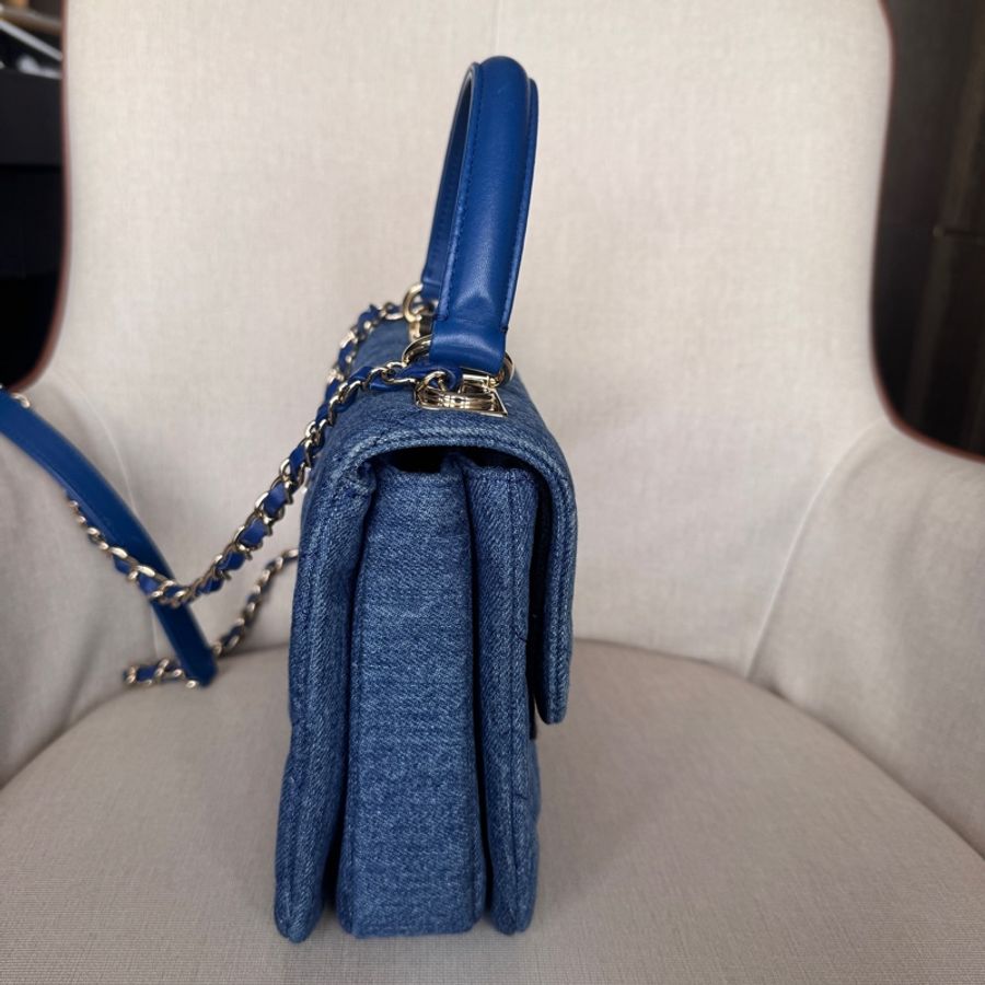 Chanel香奈兒 trendy cc 小號 丹寧牛仔藍 淡金扣 菱格紋 淺色單寧24cm-12