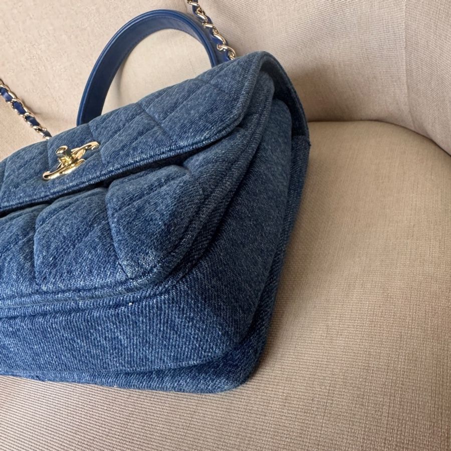 Chanel香奈兒 trendy cc 小號 丹寧牛仔藍 淡金扣 菱格紋 淺色單寧24cm-13