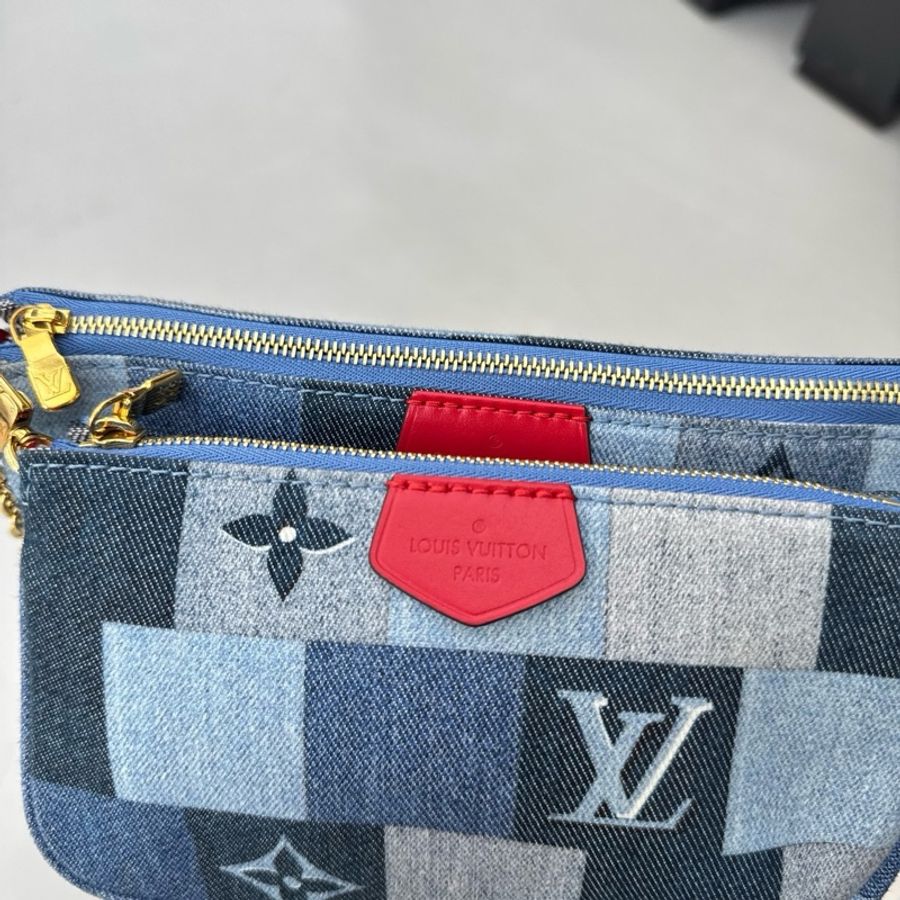 路易威登LV限量款丹寧牛仔五合一紅肩帶單肩包腋下包斜挎包-7