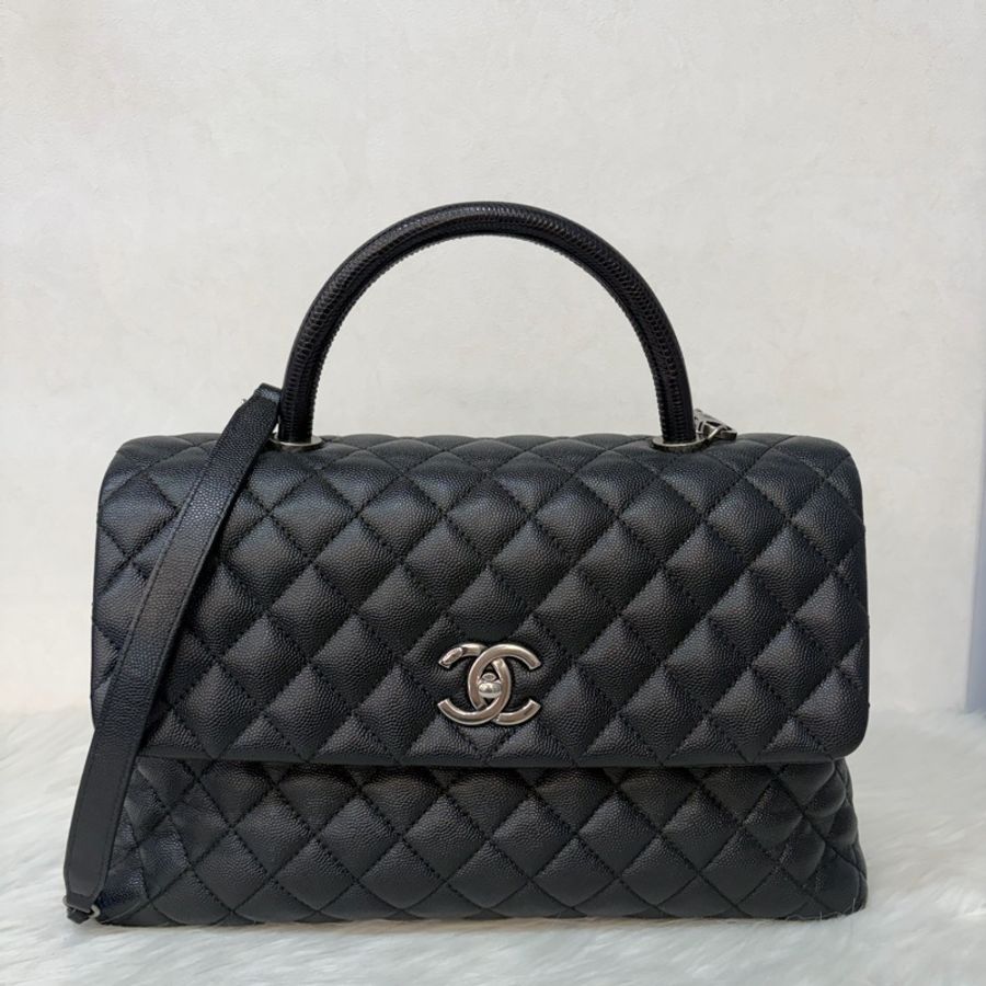 CHANEL A92992 黑荔枝 銀鍊特大把手口蓋包 手提包 肩背包-0