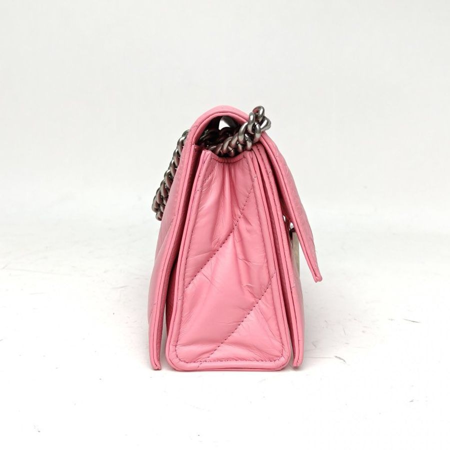 BALENCIAGA CRUSH沙漏復古做舊單肩包小號粉色牛皮銀扣肩背包-3