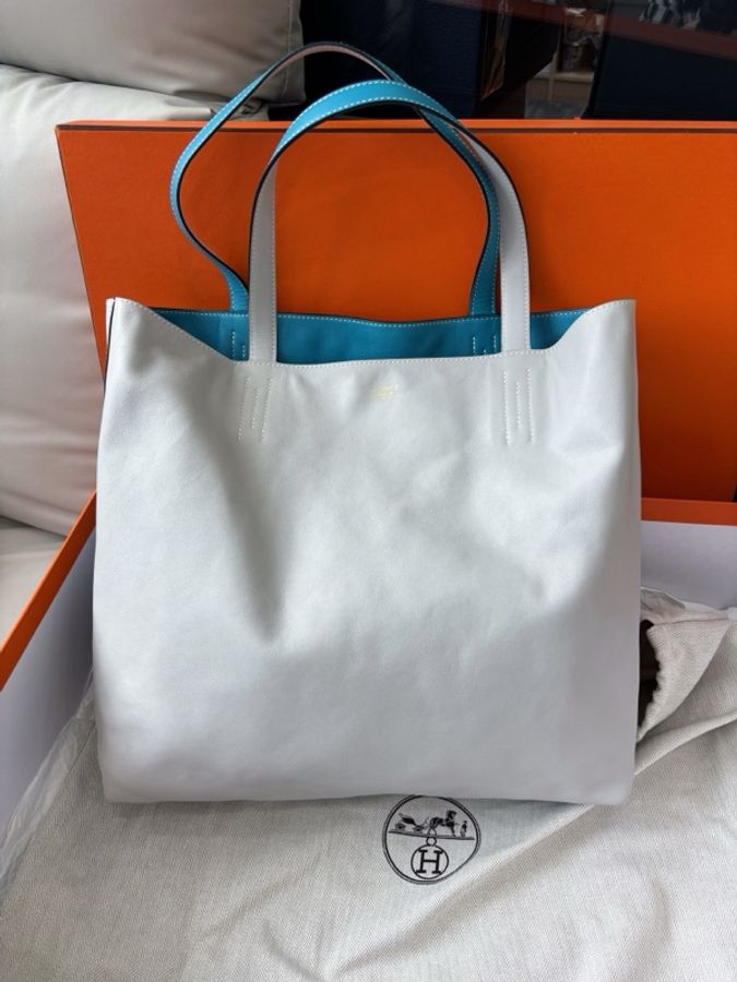 愛馬仕Hermes 牛仔藍/冰川白Double Sens35雙面tote購物袋,框R刻,成色很棒98-0