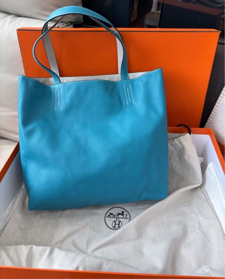 愛馬仕Hermes 牛仔藍/冰川白Double Sens35雙面tote購物袋,框R刻,成色很棒98-1