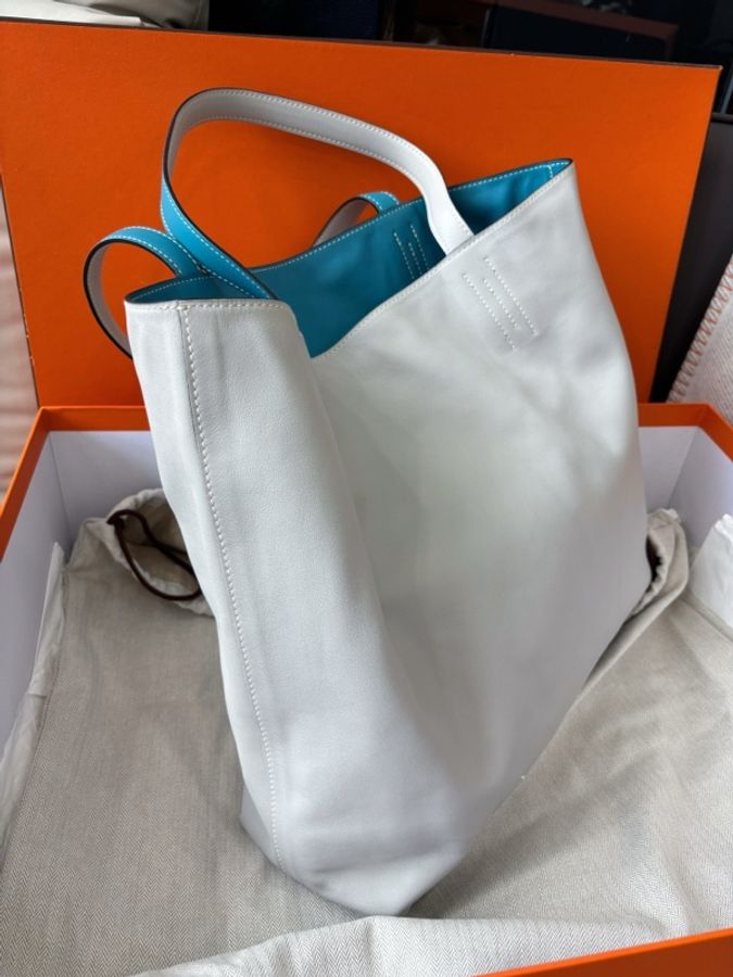 愛馬仕Hermes 牛仔藍/冰川白Double Sens35雙面tote購物袋,框R刻,成色很棒98-2