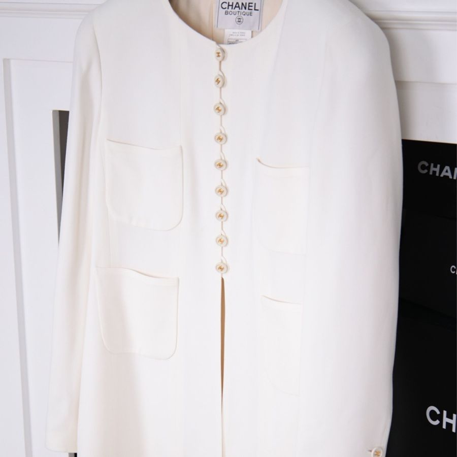 Chanel 97年白色白金四口袋长款西装上衣外套-1
