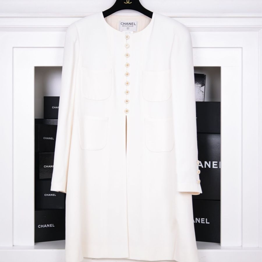 Chanel 97年白色白金四口袋长款西装上衣外套-9