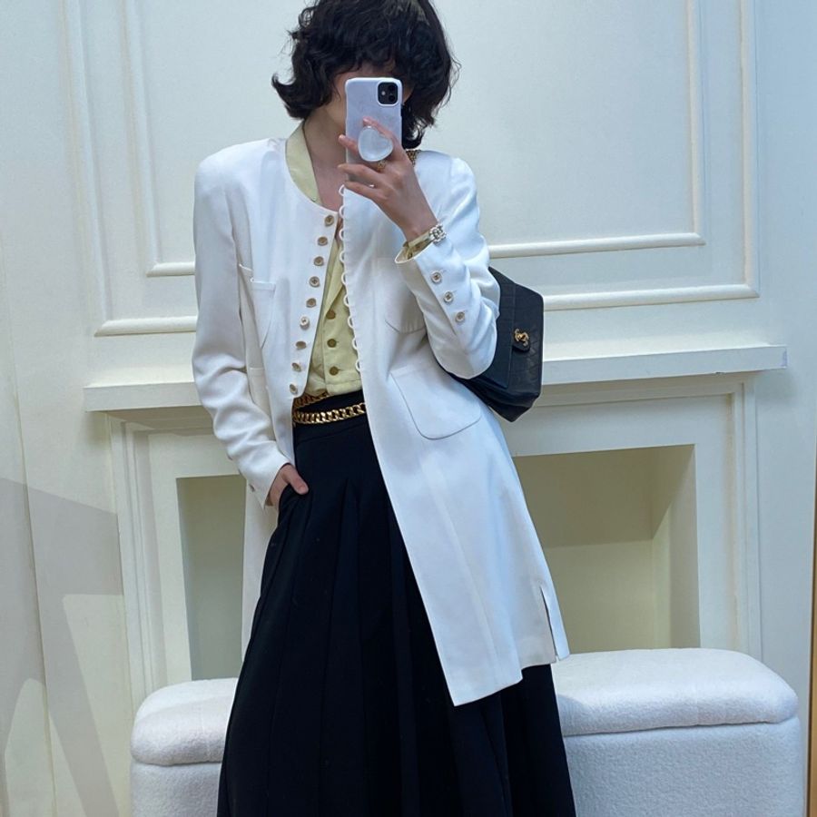 Chanel 97年白色白金四口袋长款西装上衣外套-14