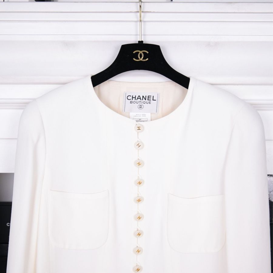 Chanel 97年白色白金四口袋长款西装上衣外套-18