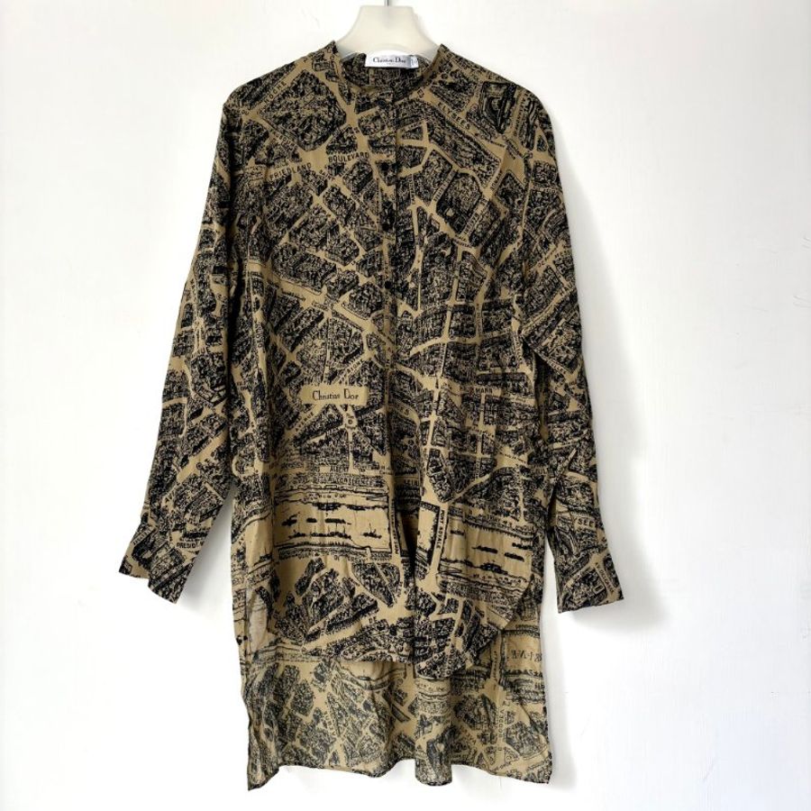 44號 ::Christian Dior:: Beige Plan de Paris Print Cotton High Low Shirt 前短後長街景地圖長板洋裝 襯衫 長版上衣-0