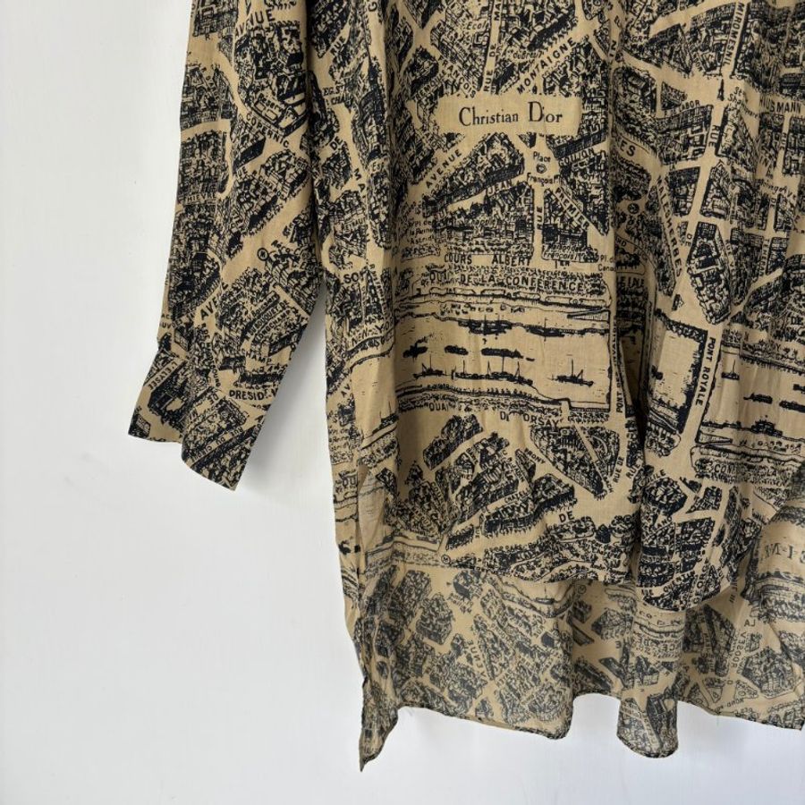 44號 ::Christian Dior:: Beige Plan de Paris Print Cotton High Low Shirt 前短後長街景地圖長板洋裝 襯衫 長版上衣-2