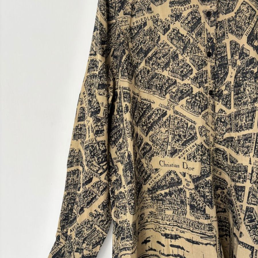 44號 ::Christian Dior:: Beige Plan de Paris Print Cotton High Low Shirt 前短後長街景地圖長板洋裝 襯衫 長版上衣-5