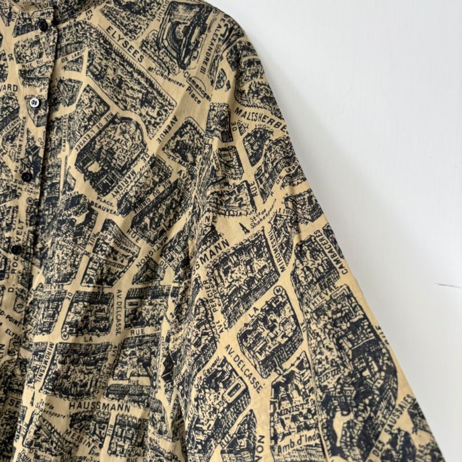 44號 ::Christian Dior:: Beige Plan de Paris Print Cotton High Low Shirt 前短後長街景地圖長板洋裝 襯衫 長版上衣-8