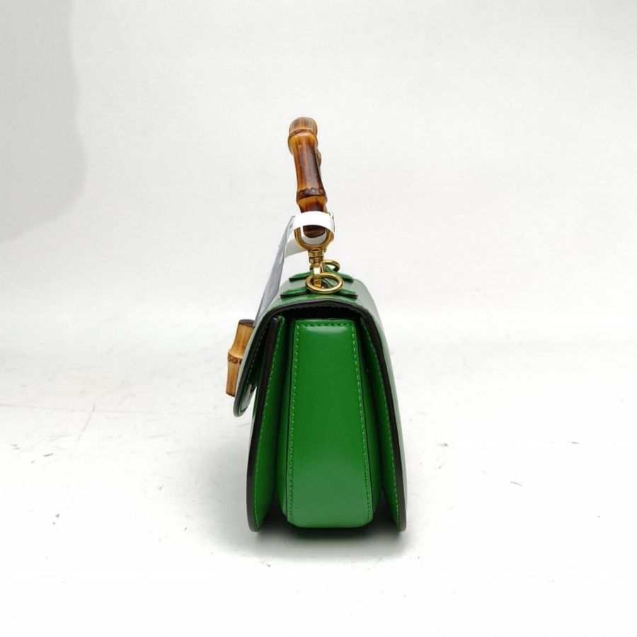 GUCCI Bamboo1947手提包Mini綠色牛皮金扣肩背包-1
