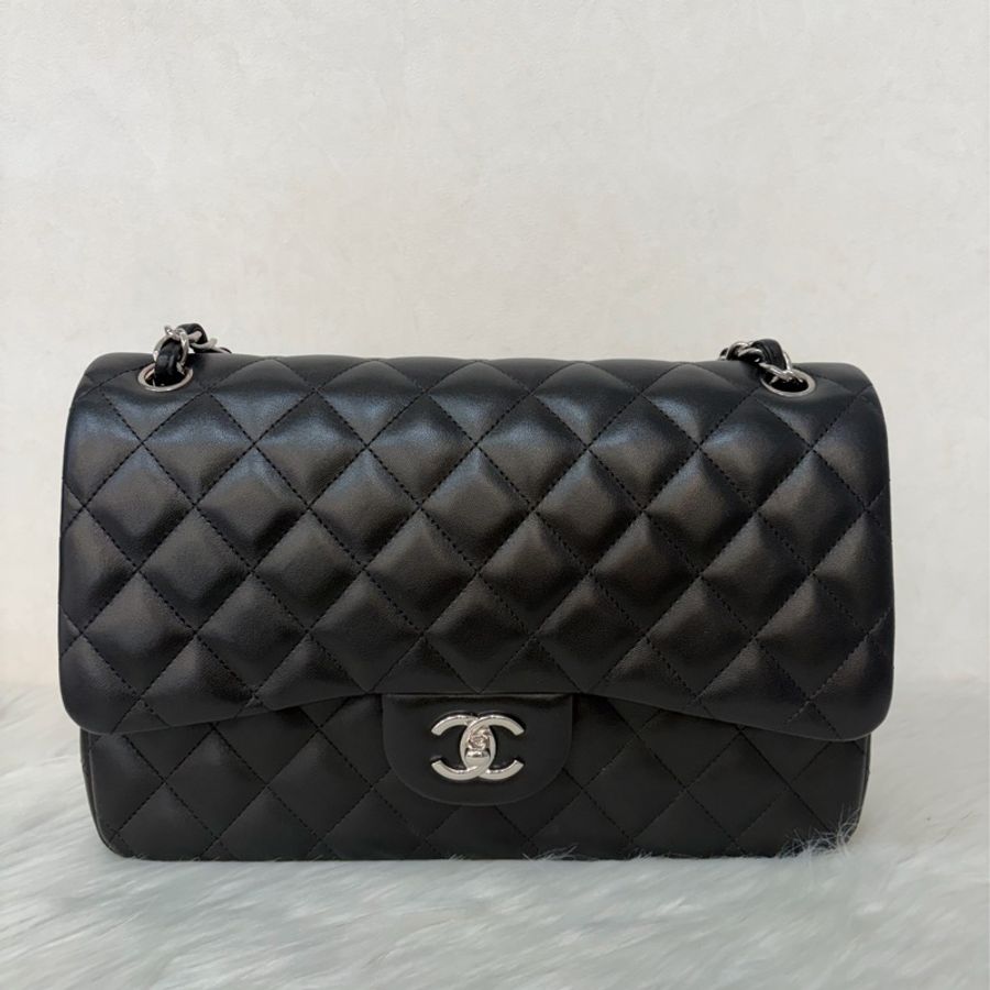 CHANEL A58600 黑羊皮 銀鍊 Jumbo 經典大型口蓋包 肩背包 斜背包-1