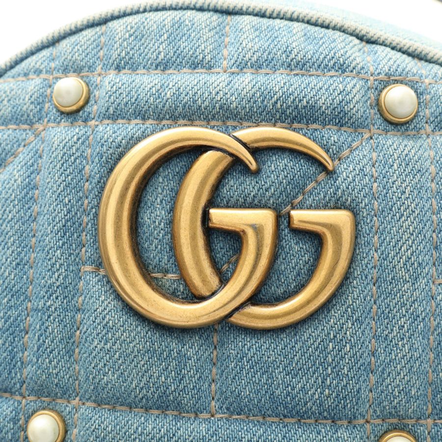 藍色 單寧布 白色圓珠 GG Marmont 後背包【GUCCI 古馳】 476671-6