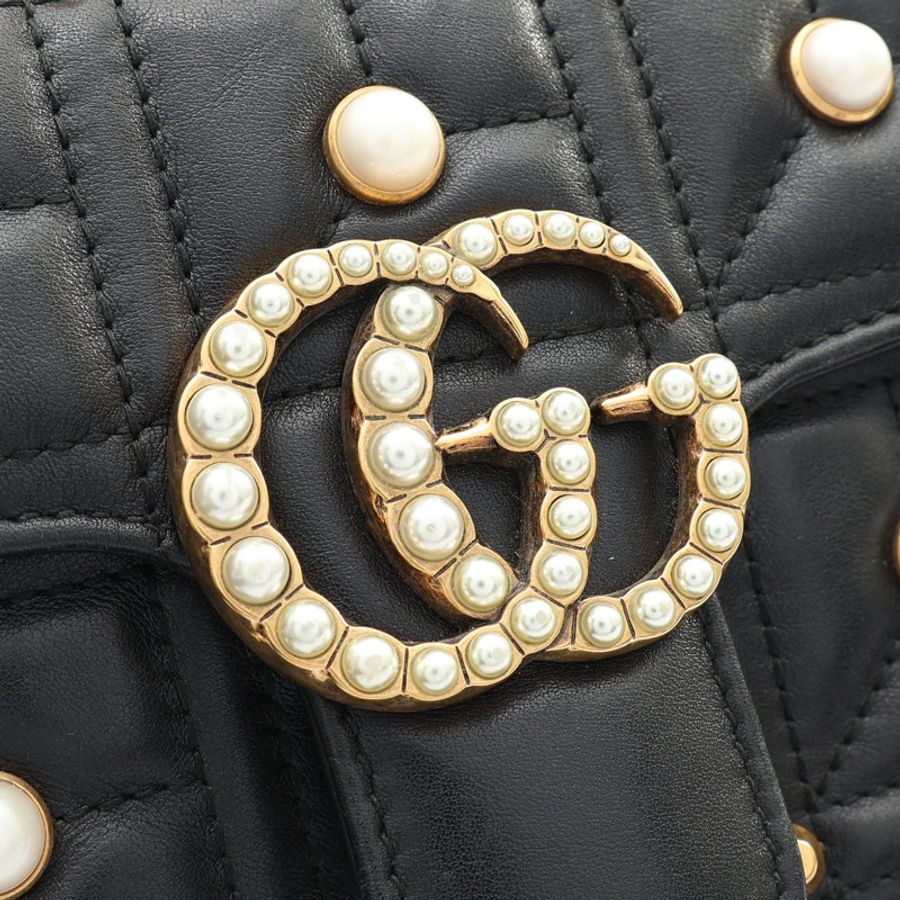 黑色 Matelasse Chevron 牛皮 白色 圓珠 GG Marmont 肩背包【GUCCI 古馳】 446744-7