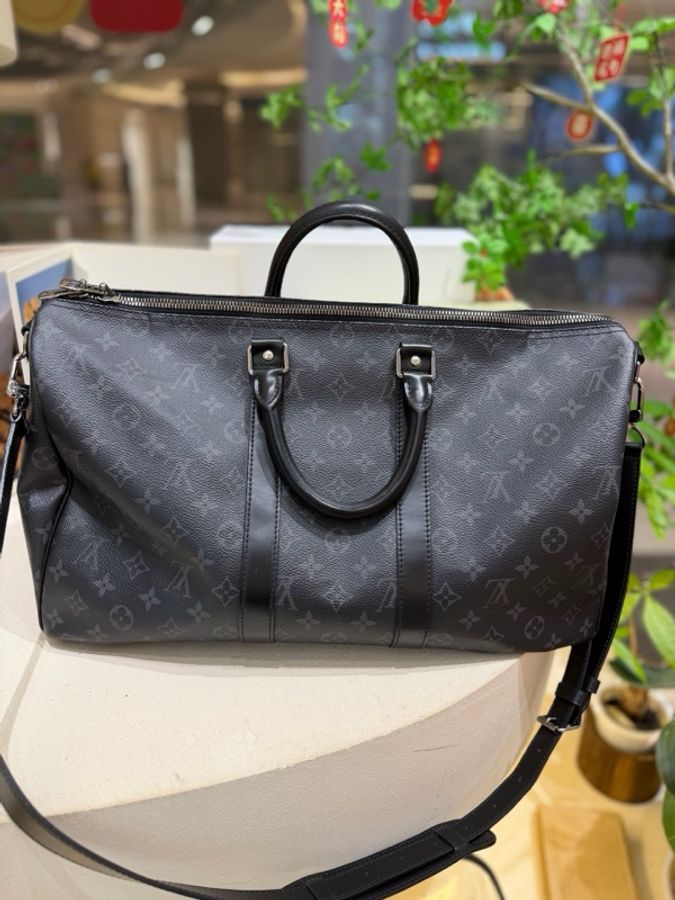 LV 路易威登 keepall 45 黑花 老花旅行包手提斜挎包 經典款 肩帶-0