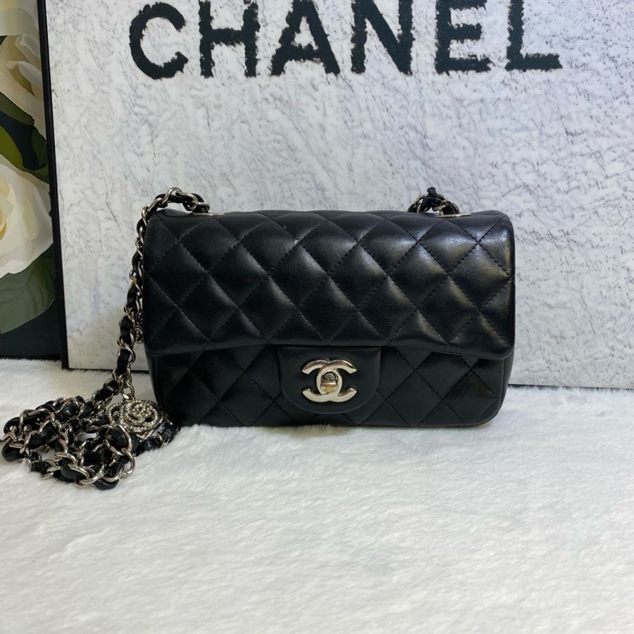 香奈兒 Chanel 黑銀大mini單肩 山茶花鏈條包單肩包斜背包-1