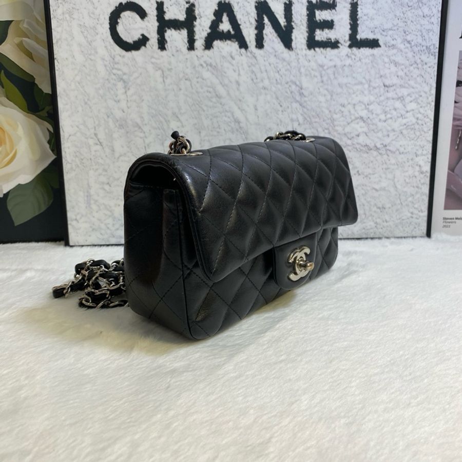 香奈兒 Chanel 黑銀大mini單肩 山茶花鏈條包單肩包斜背包-3