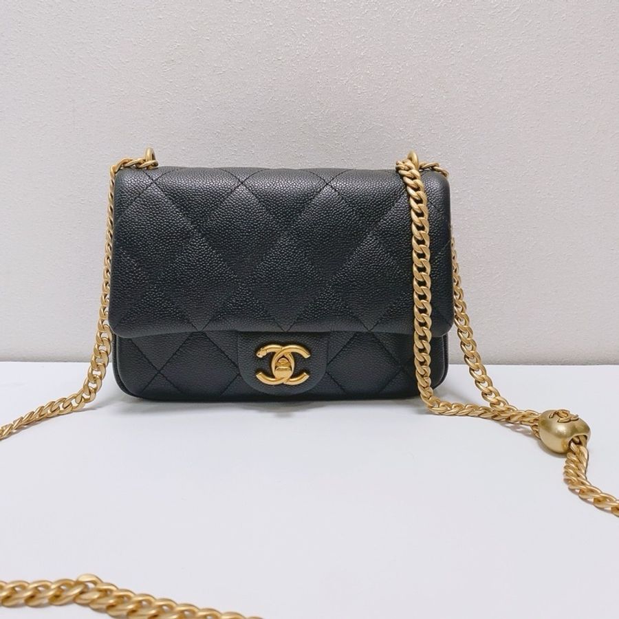 Chanel香奈兒 黑金荔枝皮愛心金扣方胖子單肩包斜挎包鏈條包,芯片款,無附件-0