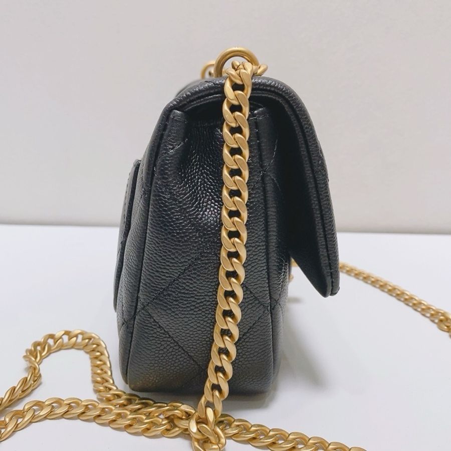 Chanel香奈兒 黑金荔枝皮愛心金扣方胖子單肩包斜挎包鏈條包,芯片款,無附件-2