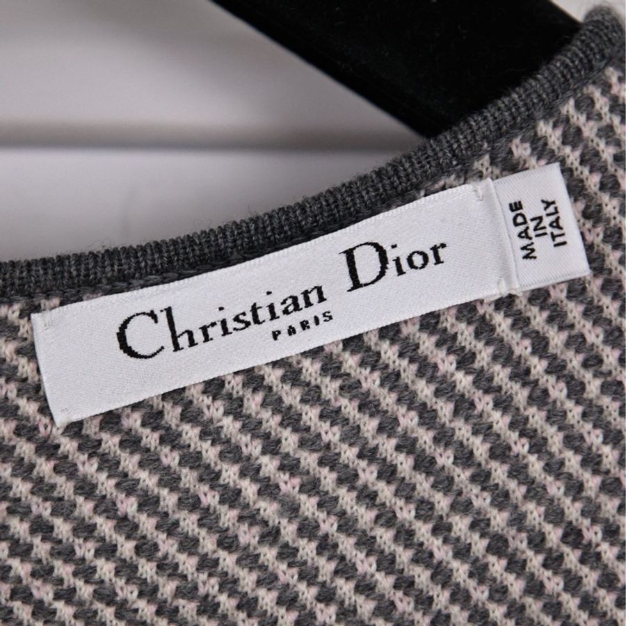 Dior 粉灰拼色羊毛收腰短袖连衣裙-13