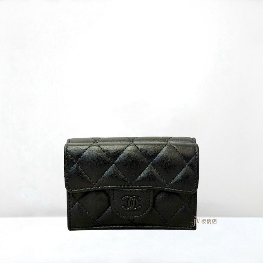 JY0416-CHANEL 黑羊皮雙C黑釦 MINI 三折短夾-0