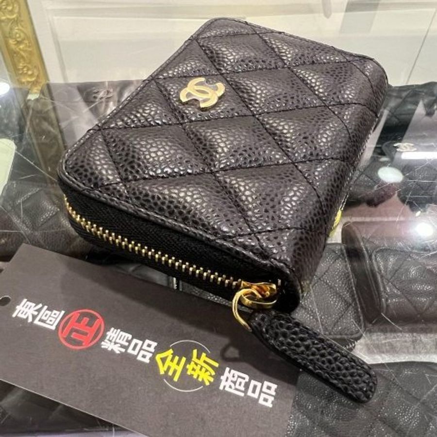 東區正精品㊣CHANEL AP0216 全新香奈兒黑色荔枝牛皮金釦ㄇ字拉鍊後口袋卡片夾零錢包 RZ6450-7