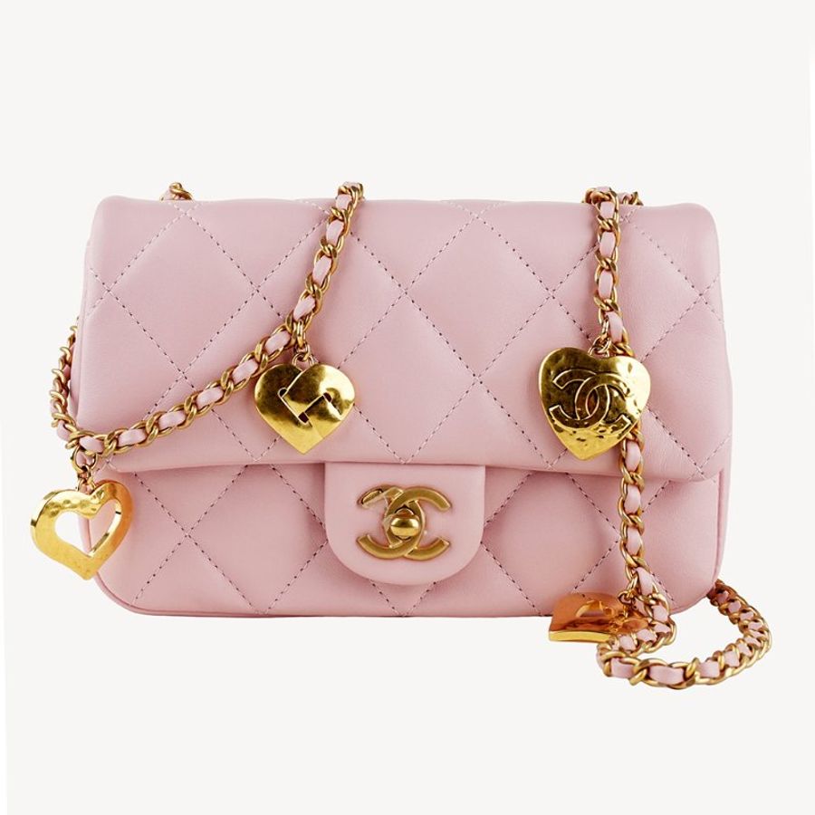 🖤 鑒定師的收藏 🖤 CHANEL Mini Flap 22k 香奈兒 復古金愛心鏈帶 菱格紋羊皮口蓋包 櫻花粉-8