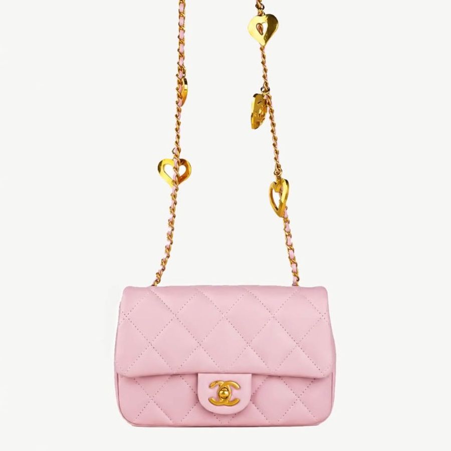 🖤 鑒定師的收藏 🖤 CHANEL Mini Flap 22k 香奈兒 復古金愛心鏈帶 菱格紋羊皮口蓋包 櫻花粉-10