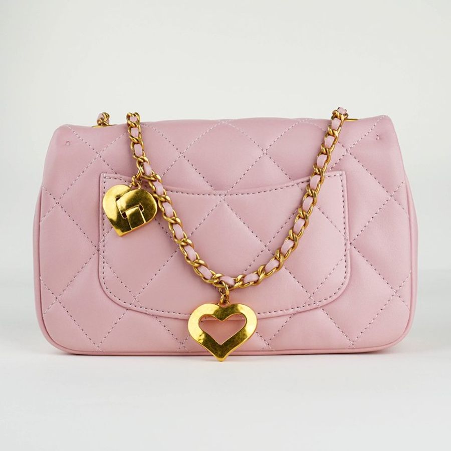 🖤 鑒定師的收藏 🖤 CHANEL Mini Flap 22k 香奈兒 復古金愛心鏈帶 菱格紋羊皮口蓋包 櫻花粉-14