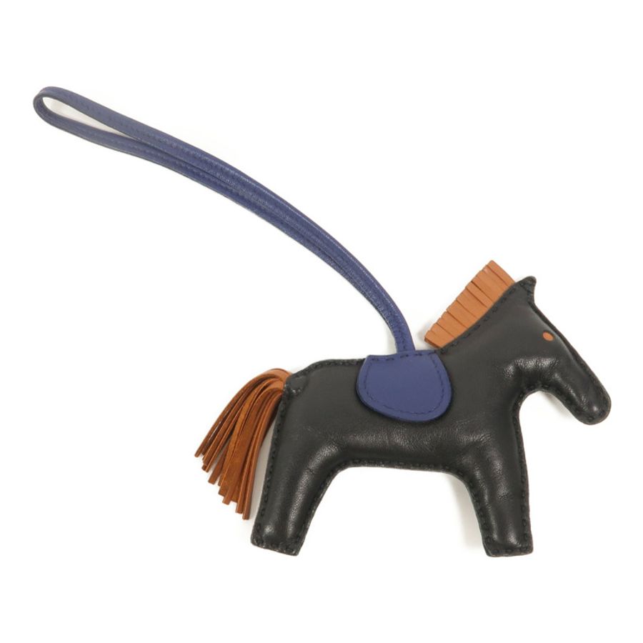 HERMES Milo皮革Rodeo MM掛飾Noir/Gold/Bleu Saphir-1