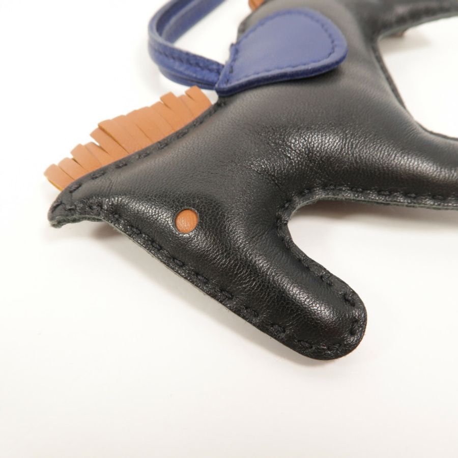 HERMES Milo皮革Rodeo MM掛飾Noir/Gold/Bleu Saphir-3